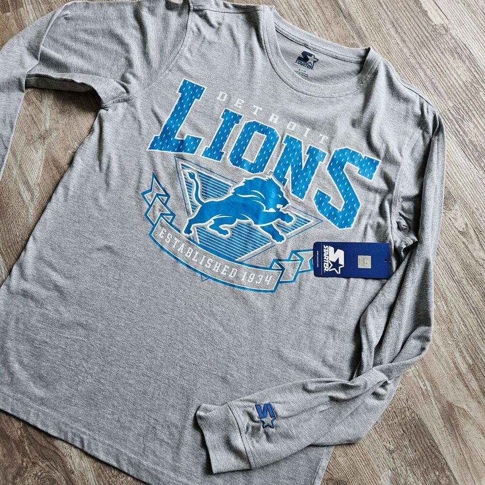 Detroit Lions Starter NFL Long Sleeve T-Shirt Gray Size L Graphic Logo Gray Blue
